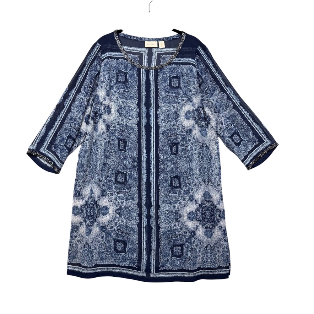 Chicos Tunic Top Womens 2(L) Blue Paisley Beaded Neckline 3/4 Sleeve Blouse Boho
